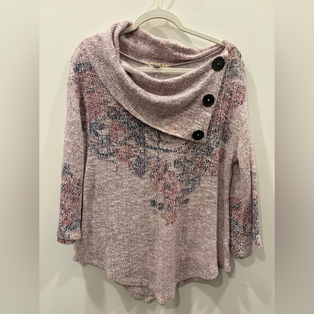 ONE WORLD‎ Pink Floral Cowl Neck Sweater with Button Accent